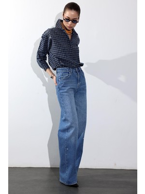 5in1Canpolat Mavi Taşlı Yüksek Bel Düz Kesim Jean 5217