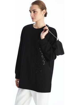 Lc Waikiki Yeni Sezon Bisiklet Yaka Pul Işlemeli Oversize Kadın Sweatshirt Tunik