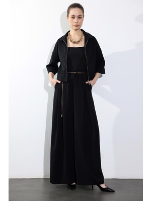 5in1Canpolat Siyah Kemerli Yüksek Bel Bol Paça Pantolon 031641