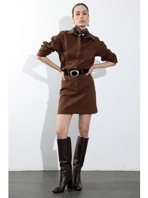 5in1Canpolat Kahverengi Kemerli Gömlek Yaka Elbise 37067