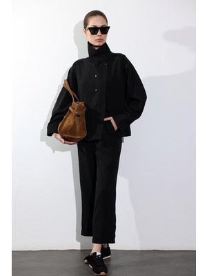 5in1Canpolat Siyah Dik Yaka Gömlek Pantolon Takım 37092