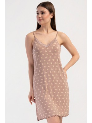 Vienetta Kadın Ince Askılı Viskon Gecelik Tunik Kalp Desenli Toz Pembe C4T9N2904