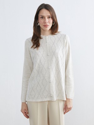 LC Waikiki Bej Baklava Desenli Kadın Triko Hırka