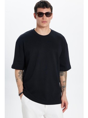 Tudors Unisex Oversize Geniş Kesim %100 Pamuk Yumuşak Dokulu Basic Bisiklet Yaka Siyah Tişört