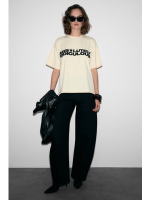 Grimelange Tambeza Kadın %100 Pamuk Yumuşak Kumaşlı Baskı Detaylı Sarı T-Shirt