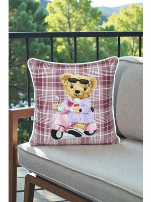 Visionario Kırlent Kılıfı Ayıcık Desenli 45X45 Raşel Örme Kadife Çift Taraflı Dijital Baskı Beyaz Biyeli