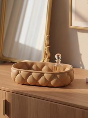 Pammuks Kapitone Desenli Takı ve Aksesuar Düzenleyici Tepsi - Modern Dekoratif Organizer Bej