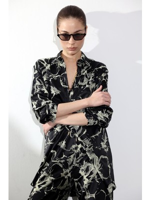 5in1Canpolat Siyah Desenli Oversize Saten Gömlek 34754