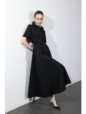 5in1Canpolat Siyah Kemerli Polo Yaka Kloş Elbise 5263