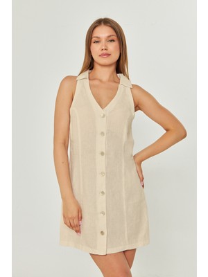 Camenta Gömlek Yakalı Bej Keten Elbise