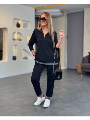 Emh Store Kadın Uzun Kollu Ribana ve Fermuar Detay Bluz ve Yüksel Bel Pantolon 2li Takım