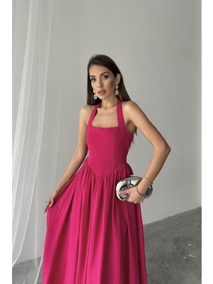 Emh Store Fuşya Boyundan Bağlamalı Keten Elbise