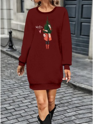 Emh Store Kadın Uzun Kollu Bisiklet Yaka Desenli Kısa Viskon Iki Iplik Elbise