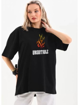 Emh Store Unisex Bisiklet Yaka Baskılı Oversize T-Shirt - Siyah