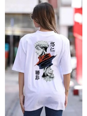 Emh Store Unisex Bisiklet Yaka Baskılı Oversize T-Shirt - Beyaz