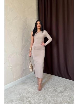Emh Store Bej Büzgü Detaylı Tek Omuz Elbise
