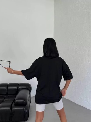 Emh Store Unisex Bisiklet Yaka Baskılı Oversize T-Shirt - Siyah