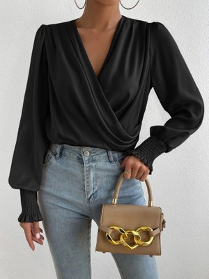 Emh Store Kadın Uzun Kollu Dökümlü Kruvaze Yaka Kol Ucu Gipeli Sandy Bluz