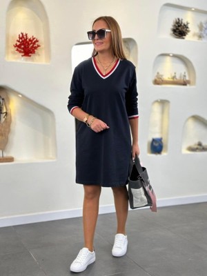 Emh Store Kadın Uzun Kollu V Yaka Kol Ağzı ve Yaka Ribana Detaylı Iki Iplik Mini Boy Elbise