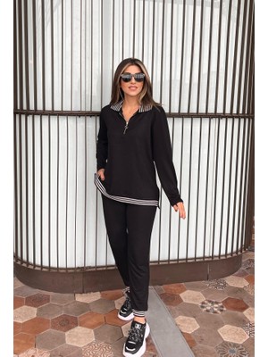 Emh Store Kadın Uzun Kollu Ribana ve Fermuar Detay Bluz ve Yüksel Bel Pantolon 2li Takım