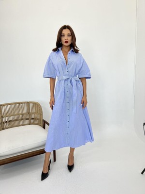 Emh Store 5318 Elbise-Mavi Beyaz Çizgili