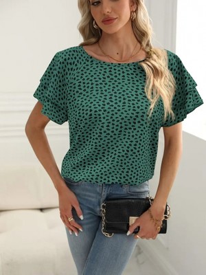 Emh Store Kadın Kısa Kollu Kolları Volanlı Baskılı Süprem Bluz