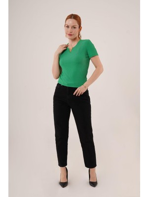 Emh Store Kısa Kollu Yaka Detaylı Kaşkorse Yeşil Bluz