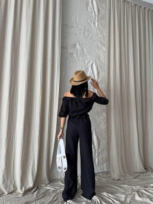 Emh Store Keten Madonna Yaka Kol Hasır Şerit - Pantolon Takım - Siyah