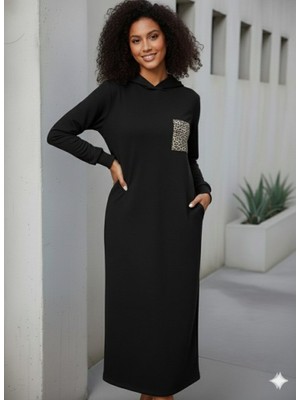 Emh Store Kadın Uzun Kollu Kapşonlu Cep Detaylı Viskon Iki Iplik Maxi Elbise