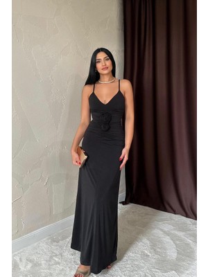 Emh Store Siyah Büzgülü Uzun Güllü Elbise