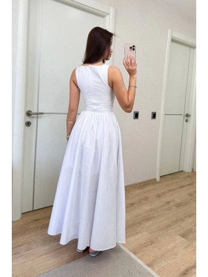 Emh Store Sifir Kol Beli Oturtmalı Kolsuz Uzun Elbise - Beyaz
