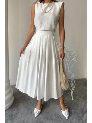 Emh Store Keten Kolsuz Bluz - Maxi Etek Takım - Beyaz