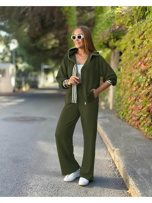 Emh Store Kadın Uzun Kollu Kapşonlu Onu Şerit Detaylı Fermuarlı Viskon Iki Iplik Bluz ve Pantolon Ikili Takım