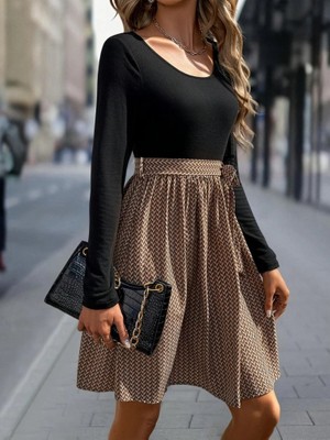 Emh Store Kadın Uzun Kollu Yuvarlak Yaka Üst Viskon Alt Süprem Midi Elbise