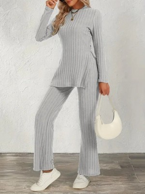 Emh Store Kadın Uzun Kollu Bisiklet Yaka Yandan Yırtmaçlı Şardonlu Kaşkorse Bluz ve Pantolon Ikili Takım