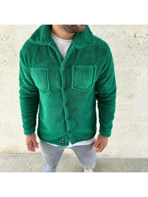 Emh Store Erkek Pelüş Polar Hırka Gömlek – Yakalı, Ilik Düğmeli, Göğüs Cepli, Yumuşak Dokulu Kışlık Regular Fit Rahat Günlük Model - Çimen Yeşili