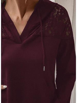 Emh Store Kadın Uzun Kollu Kapşonlu Bağcıklı Dantelli Viskon Iki Iplik Bluz