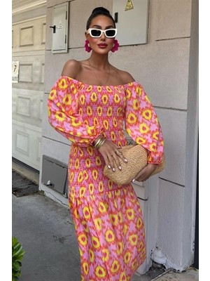 Emh Store Madonna Yaka Gipe Detaylı Desenli Elbise 2746
