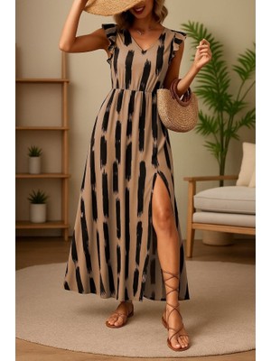 Emh Store Kadın Kısa Kollu V Yakalı Yırtmaçlı Çiçek Desenli Süprem Elbise