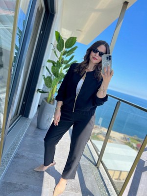 Emh Store Kadın Uzun Kollu Önden Fermuarlı Modal Ceket ve Pantolon Ikili Takım