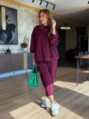 Emh Store Kadın Uzun Kollu Bisiklet Yaka Viskon Iki Iplik Mor Bluz ve Pantolon Ikili Takım