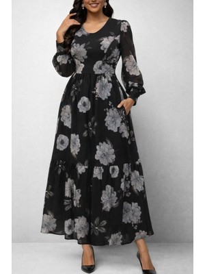 Emh Store Kadın Uzun Kollu V Yakalı Çiçek Desenli Maxi Süprem Elbise