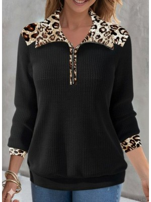 Emh Store Kadın Uzun Kollu Leopar Yakalı Fermuarlı Waffle Bluz