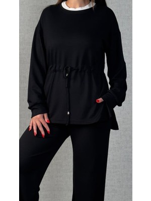 Emh Store Kadın Uzun Kollu Bisiklet Yaka Belden Büzgülü Bağcıklı Viskon Iki Iplik Bluz ve Pantolon Ikili Takım