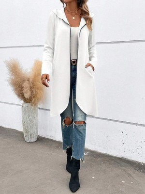 Emh Store Kadın Uzun Kollu Kapşonlu Önden Fermuarlı Midi Dalgıç Ceket