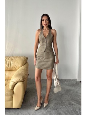 Emh Store Haki Çizgili Yelek ve Etek Takım