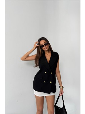 Emh Store Gold Düğmeli Keten Yelek - Siyah