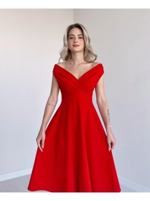 Emh Store Kadın Kısa Kollu Kruvaze Yaka Eteği Volanlı Krep Elbise