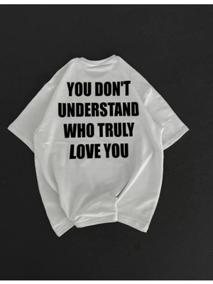 Emh Store Unisex Bisiklet Yaka Baskılı Oversize T-Shirt - Beyaz