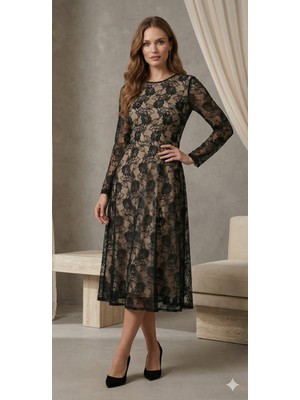 Emh Store Kadın Uzun Kollu Bisiklet Yaka Dantelli Astarlı Midi Elbise